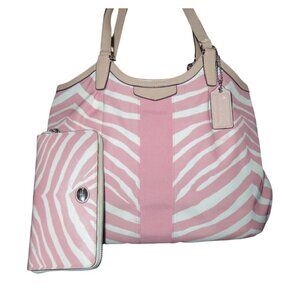COACH Devin Tote & Peyton Long Wallet Tulle Zebra Stripe Print Cream & Pink